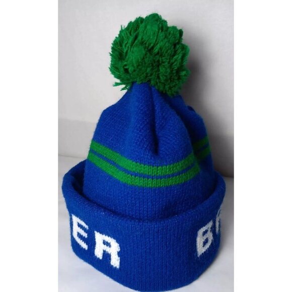 Bayer Pharmaceuticals Hat Knit Beanie Boggin Blue Green Pom Pom Vintage USA Made - Picture 3 of 11